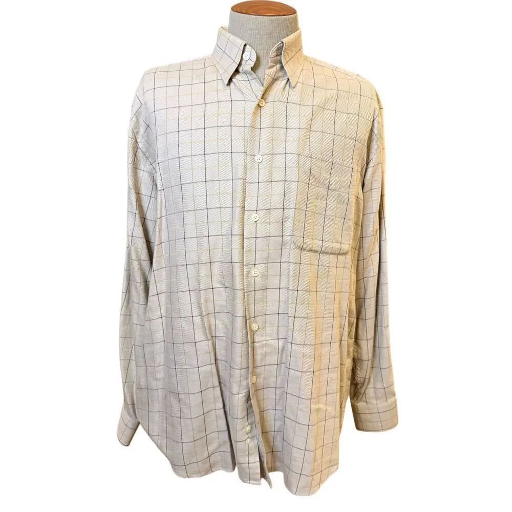 Alan Flusser Men’s Button Down  Plaid Shirt Large 100% Cotton Thick